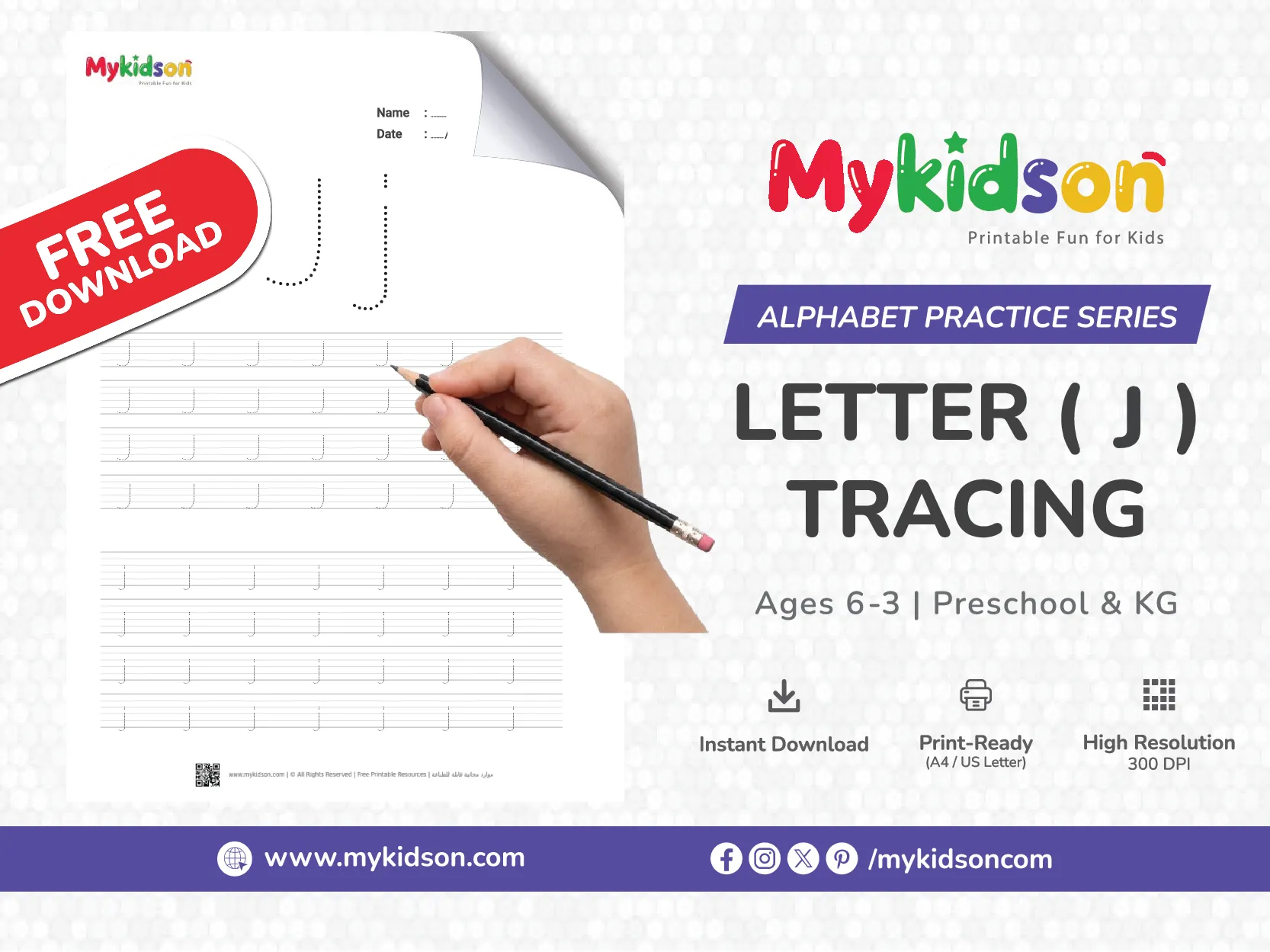 Printable Letter J Tracing Worksheet for Preschool & Kindergarten