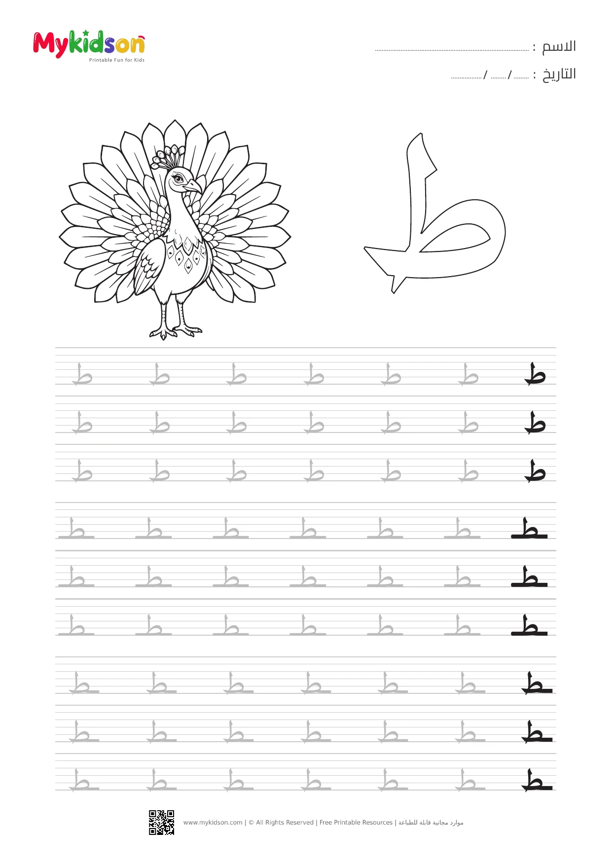 Arabic Letter Ta Tracing and Handwriting Worksheet