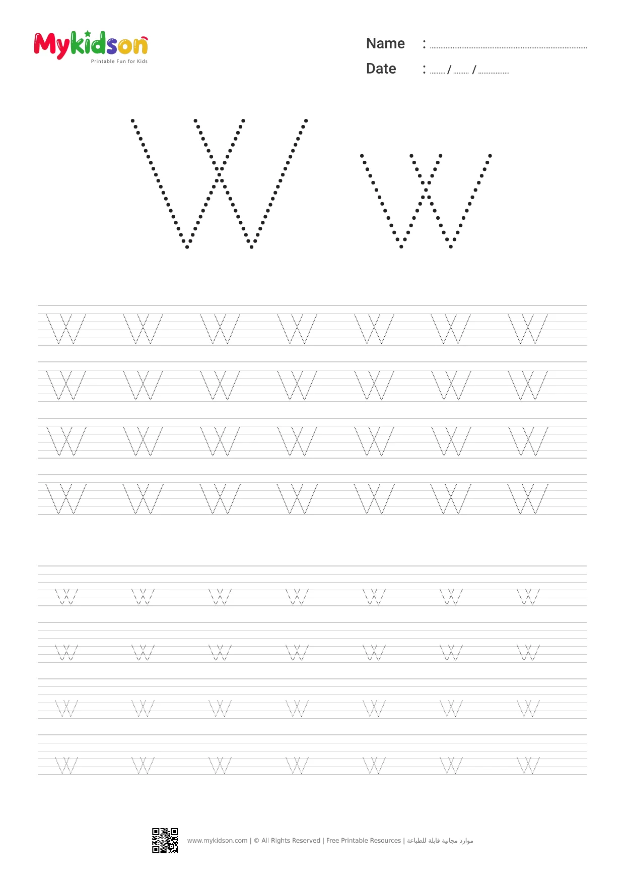 Printable Letter W Tracing Worksheet for Preschool and Kindergarten