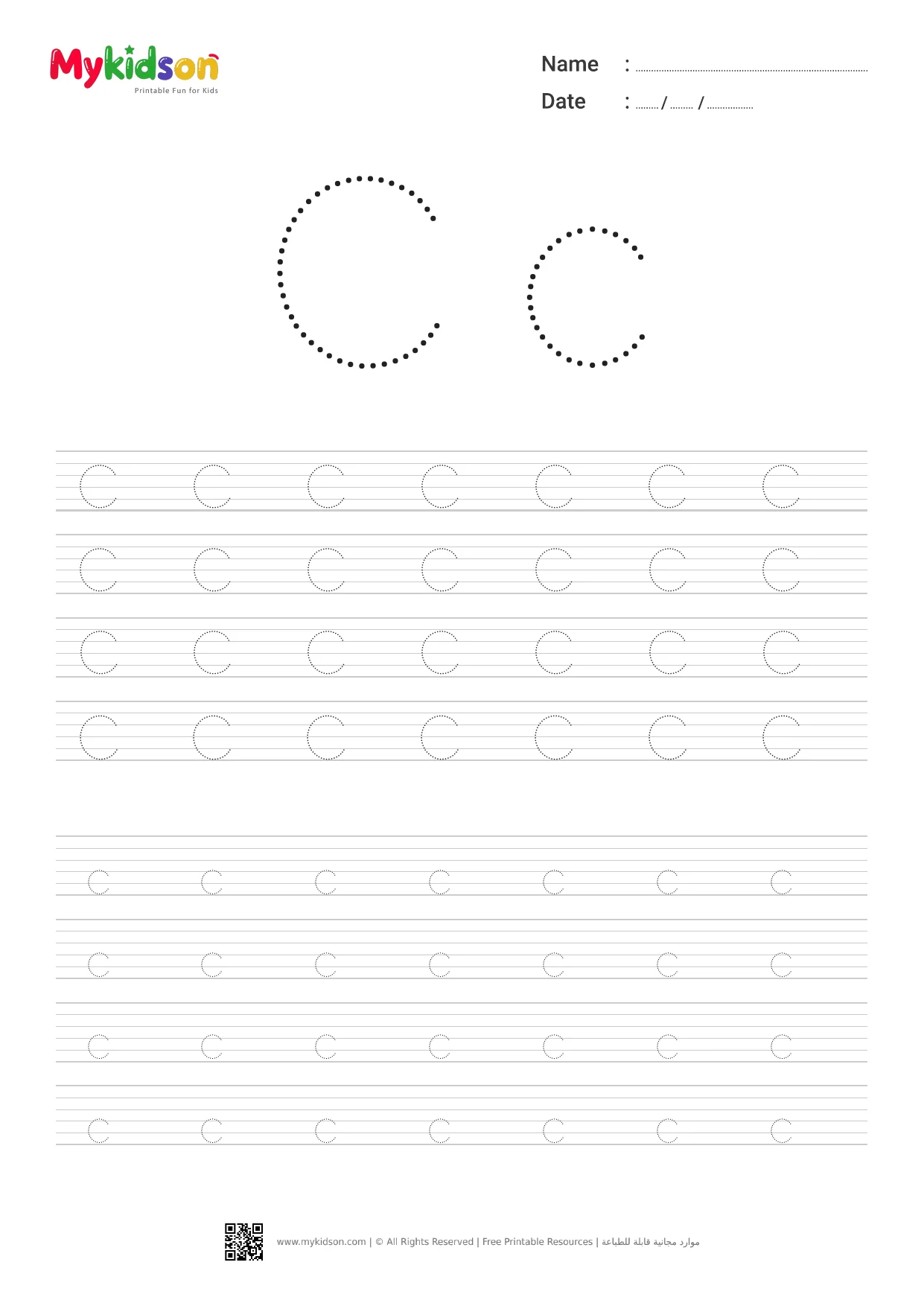 Printable Letter C Tracing Worksheet for Preschool & Kindergarten
