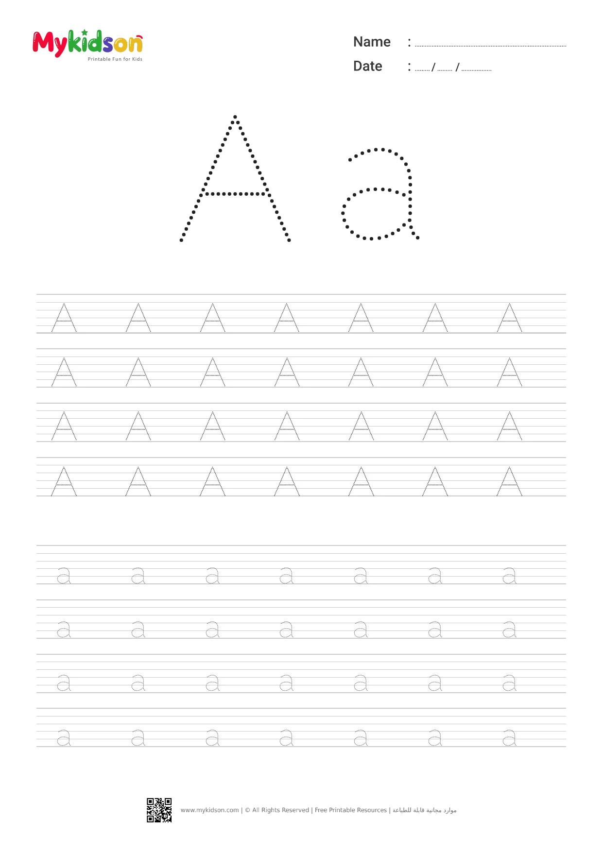 Printable Letter A Tracing Worksheet for Preschool & Kindergarten
